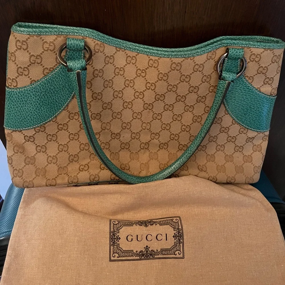 Gucci vintage green teal trim monogram canvas Abbey bag & Gucci dust bag - Picture 3 of 16